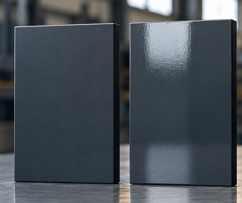 Twee panelen in RAL 7016 naast elkaar: links mat, rechts hoogglans — dezelfde kleur oogt duidelijk anders